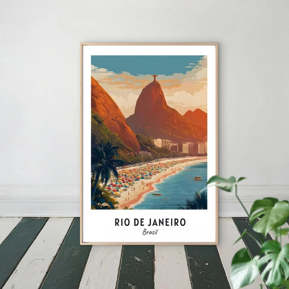 Rio De Janeiro Brazil Cityscape Map & Christ Travel Poster Print Wall Art