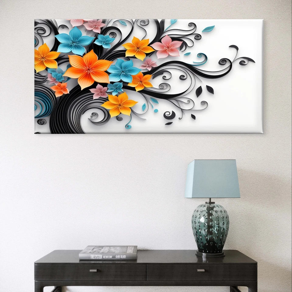 Floral Art with Swirling Black Vines Wall Art Canvas Office Home Framed 120x60cm