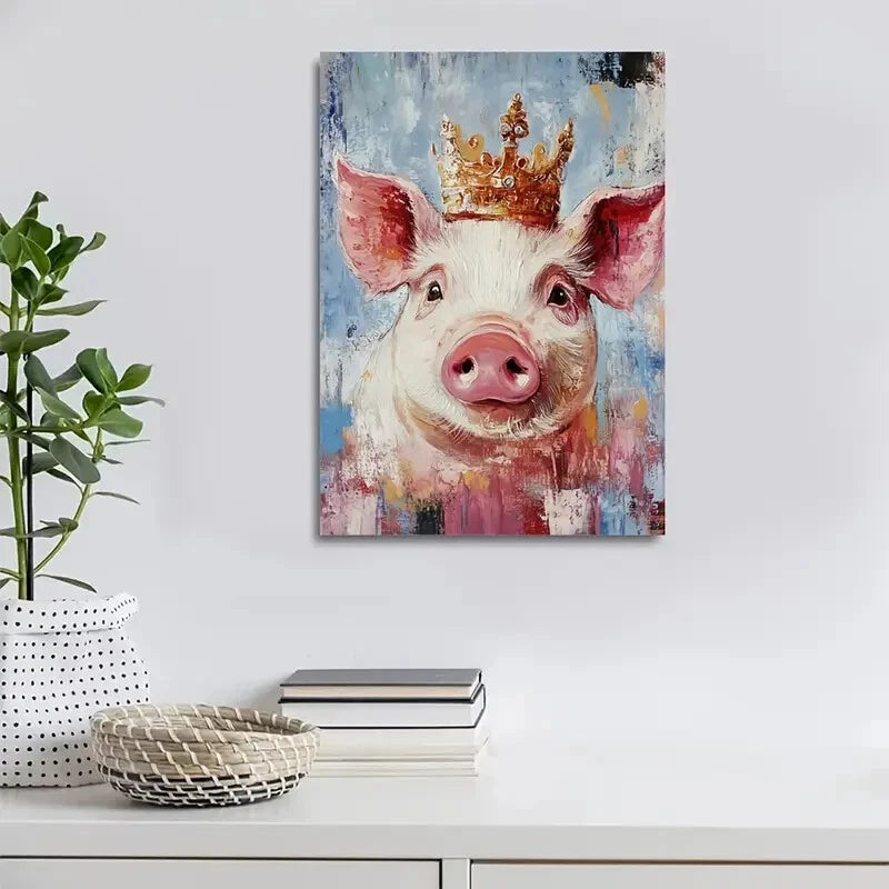Crowned Pig Painting Vibrant Colors & Pine Painting 40x60cm Metal Print Ready to Hang - Bella Home Decor