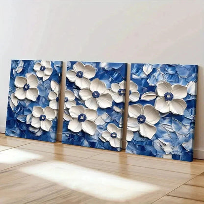 3pcs White Flowers on Blue Abstract Oil Painting Wall Art Set Canvas Framed 50x70cm - High Quality Print 100% Australian Made Wall Canvas Ready to Hang - Bella Home Decor