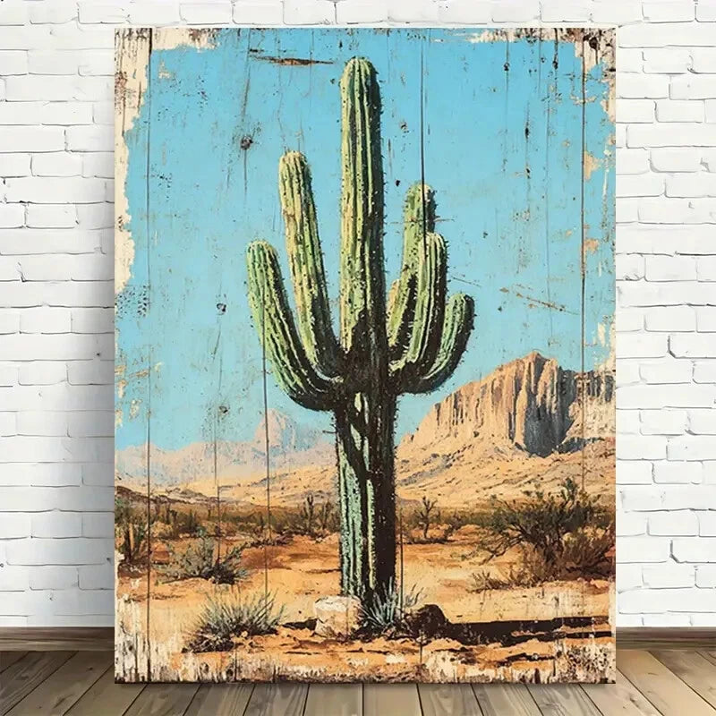 Beautiful Vintage Desert Cactus Landscape Painting 40x60cm Metal Print Ready to Hang - Bella Home Decor