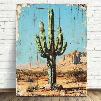 Beautiful Vintage Desert Cactus Landscape Painting 40x60cm Metal Print Ready to Hang - Bella Home Decor