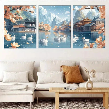 3pcs Colorful Tranquil River with Swans Canvas Wall Art Canvas Unframed - High Quality Print 100% Australian Made Wall Canvas - Bella Home Decor