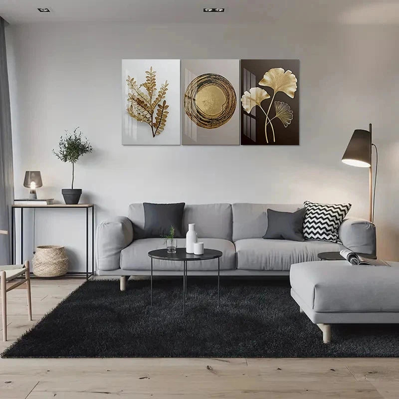 3pcs Modern Abstract Golden Leaf Metal Print Ready to Hang Art