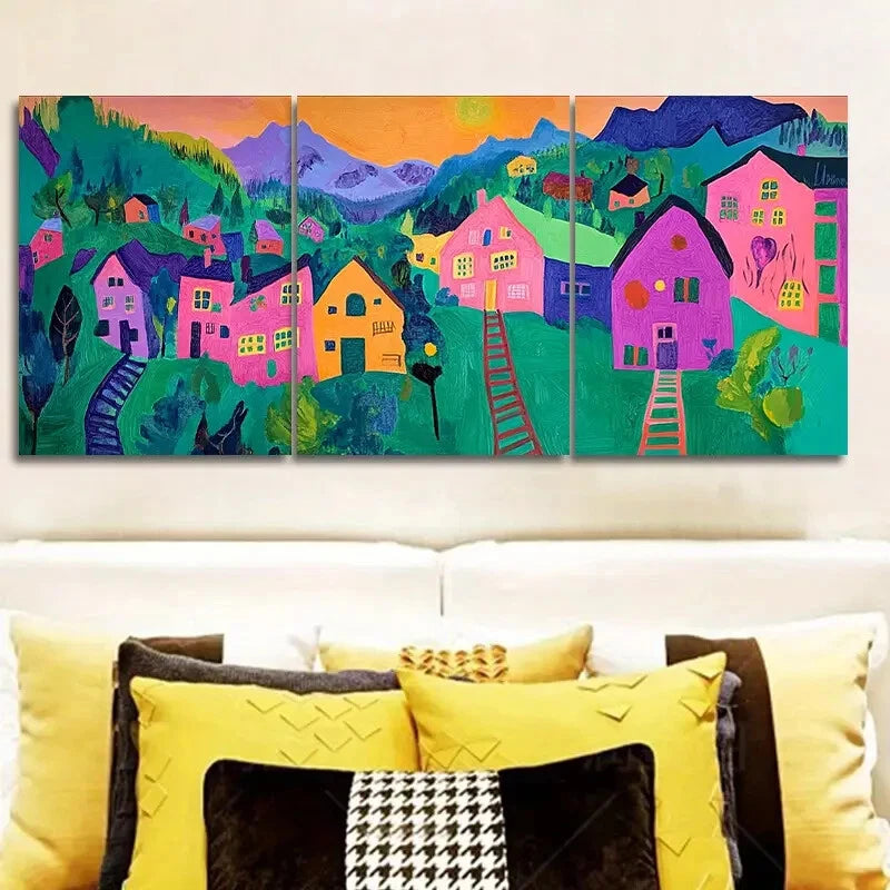 3pcs Colorful Mountain & House Scenes Metal Print Ready to Hang Art