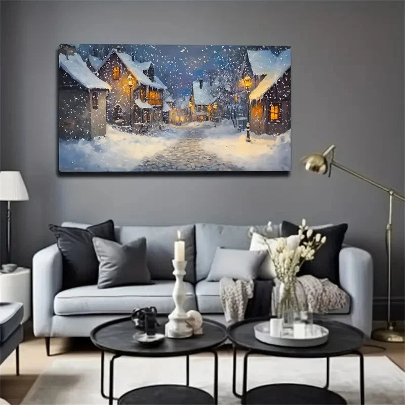 Winter Snowy Village Landscape Wall Art Canvas Office Home Room Framed 120x60cm