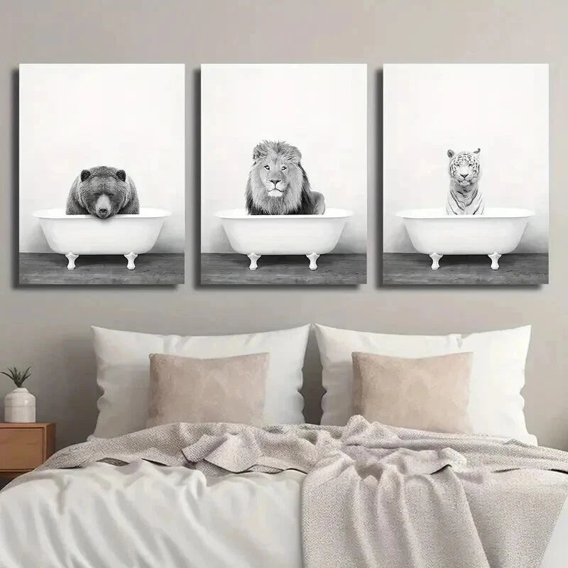 3pcs Vintage Black White Bear Lion Tiger Perfect Wall Art Set Canvas Framed 50x70cm - High Quality Print 100% Australian Made Wall Canvas Ready to Hang - Bella Home Decor