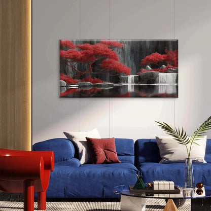 Waterfall & Red Trees Landscape Wall Art Canvas Office Home Room Framed 120x60cm