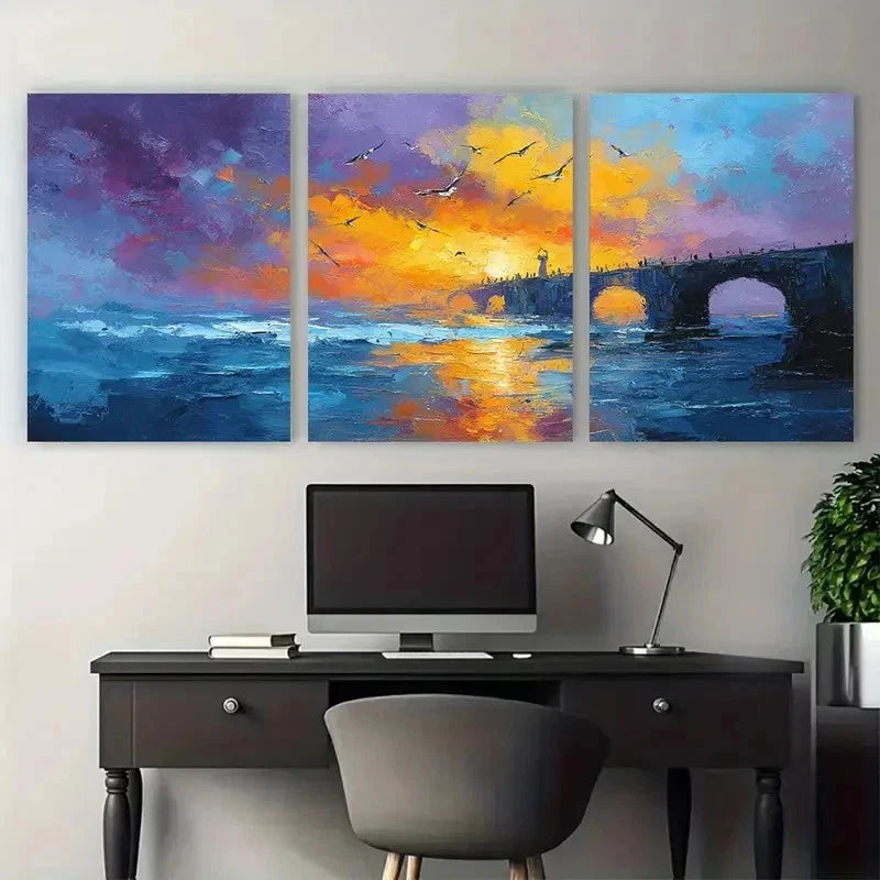3pcs Bridge And Seagulls Sunrise Perfect Wall Art Canvas Framed 60x90cm - Bella Home Decor