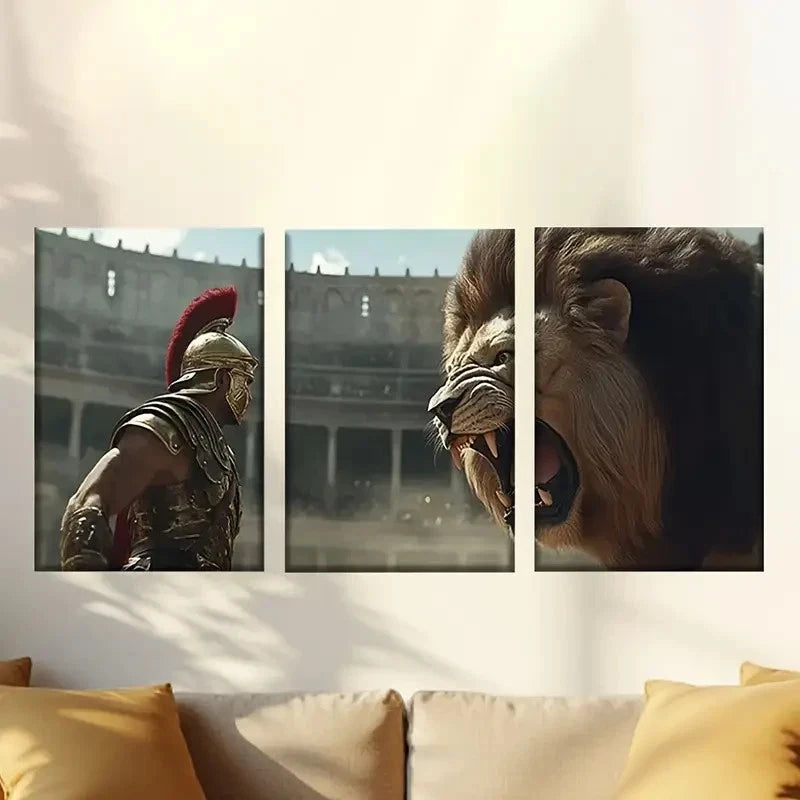 3pcs Scene of Lion and Man in Roman Gladiator Wall Art Set Canvas Framed 40x60cm - High Quality Print 100% Australian Made Wall Canvas Ready to Hang
