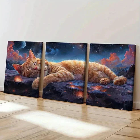 3pcs Slumbering Cat In The Stars Background Wall Art Set Canvas Unframed - High Quality Print 100% Australian Made Wall Canvas
