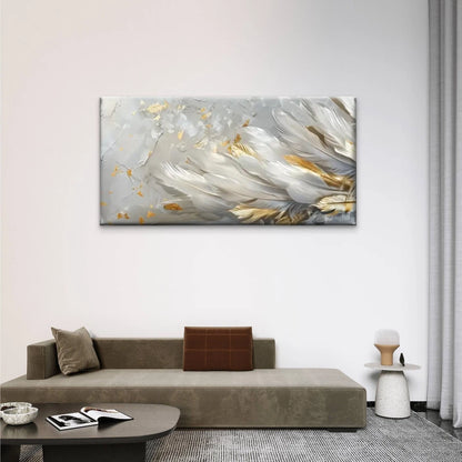 Long Feathers White Gold Wall Art Canvas Office Home Room Framed 120x60cm