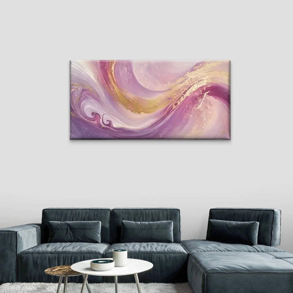 Purple Golden Swirls Abstract Wall Art Canvas Office Home Room Framed 120x60cm