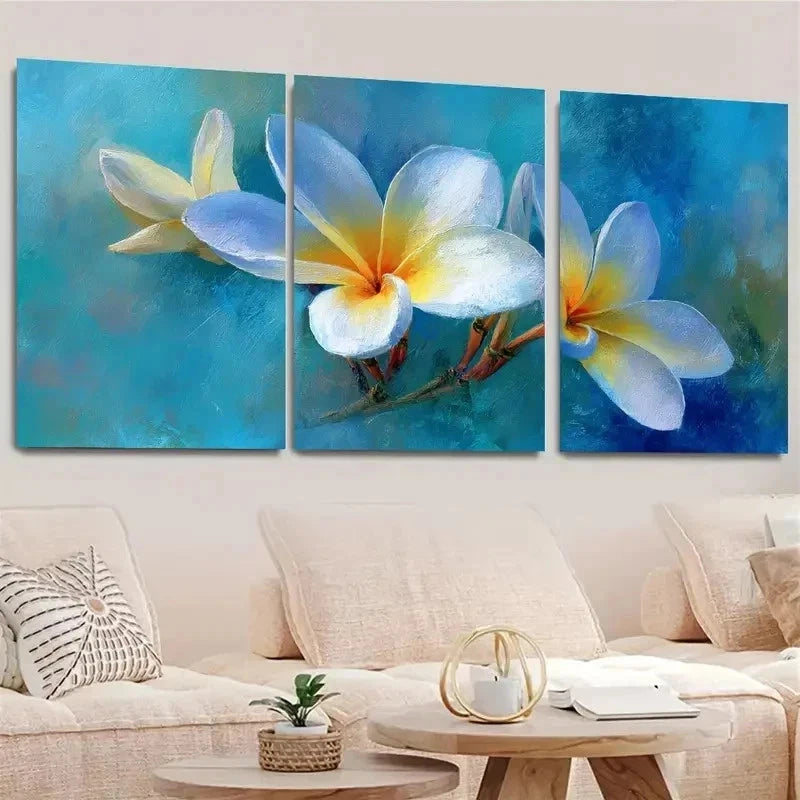 3pcs White Plumeria Flower Print Flower Wall Art Set Canvas Framed 60x90cm - High Quality Print 100% Australian Made Wall Canvas Ready to Hang - Bella Home Decor