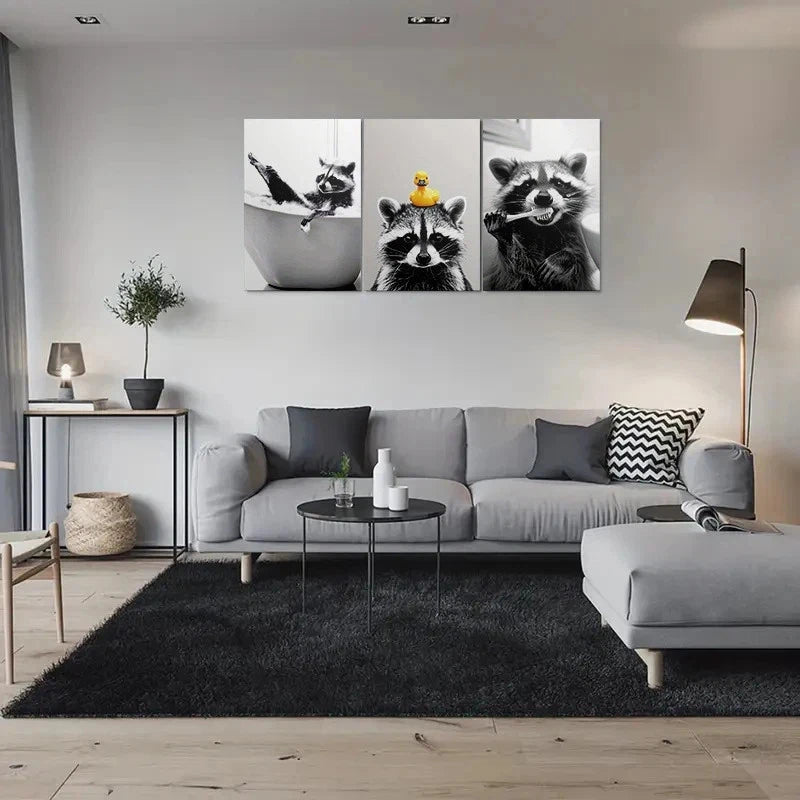 3pcs Raccoon Funny Animal Youngsters Metal Print Ready to Hang Art