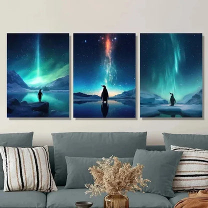 3pcs Penguins Aurora Borealis Wall Art Set Canvas Unframed - High Quality Print 100% Australian Made Wall Canvas