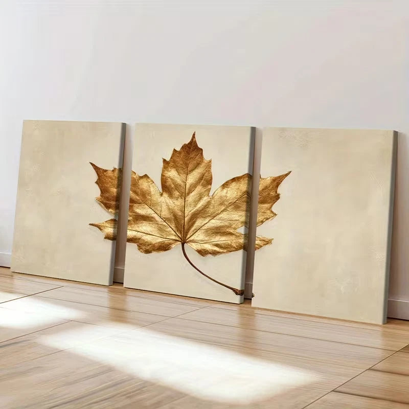 3pcs Golden Maple Leaf Elegant Nature  Wall Art Set Canvas Framed 40x60cm - High Quality Print 100% Australian Made Wall Canvas Ready to Hang - Bella Home Decor