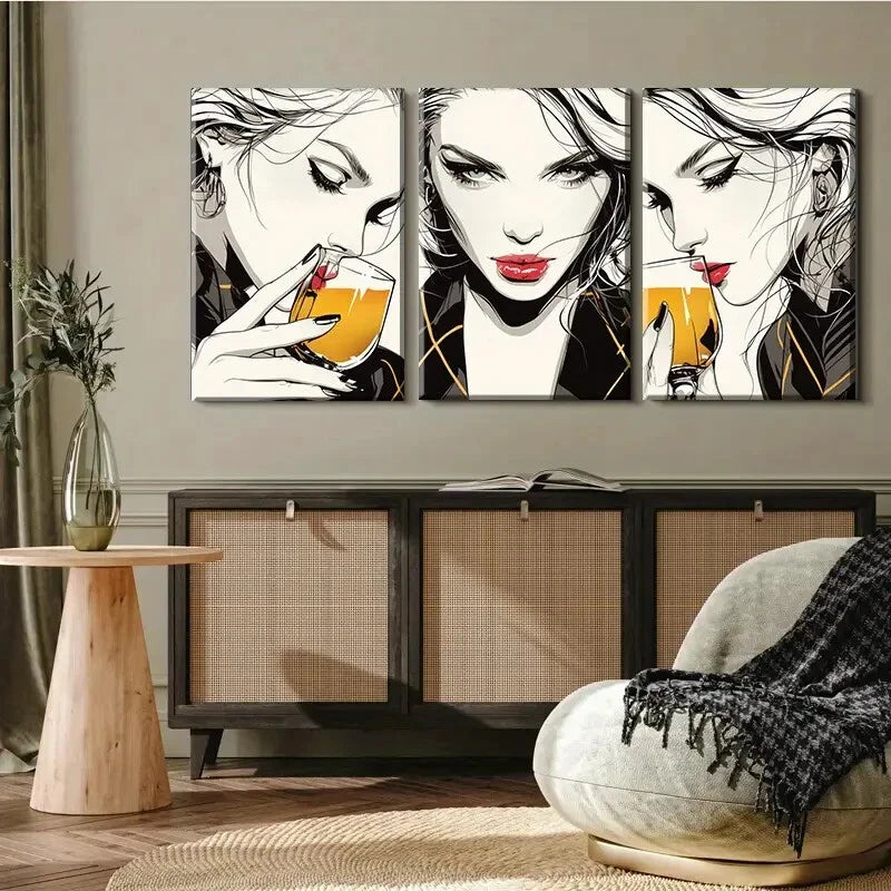 3pcs Women Drinking Cocktail Chic Poses Perfect Wall Art Set Canvas Framed 40x60cm - High Quality Print 100% Australian Made Wall Canvas Ready to Hang - Bella Home Decor