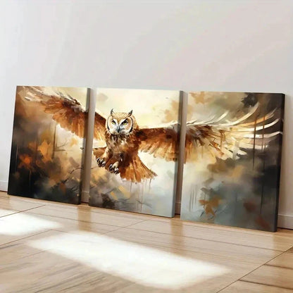 3pcs Magical Creatures Owl Decoration Wall Art Set Canvas Framed 50x70cm - High Quality Print 100% Australian Made Wall Canvas Ready to Hang