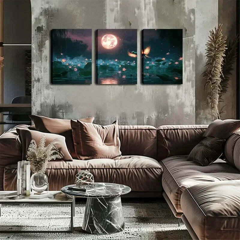 3pcs Moonlight For Lotus Blossoms Perfect Wall Art Set Canvas Framed 50x70cm - High Quality Print 100% Australian Made Wall Canvas Ready to Hang - Bella Home Decor