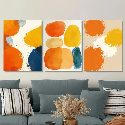 3pcs Vibrant Abstract Watercolor Orange, Blue Art Set Canvas Unframed - High Quality Print 100% Australian Made Wall Canvas