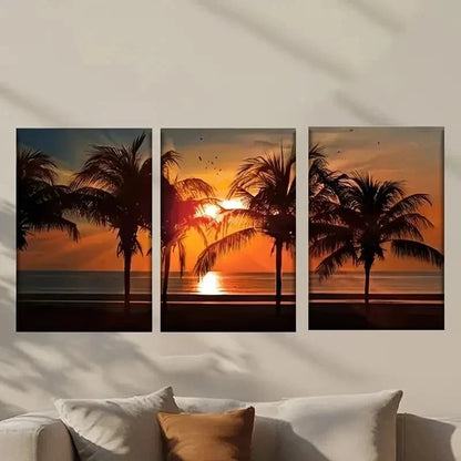 3pcs Sunset with Palm Trees and the Sun Wall Art Set Canvas Framed 50x70cm - High Quality Print 100% Australian Made Wall Canvas Ready to Hang