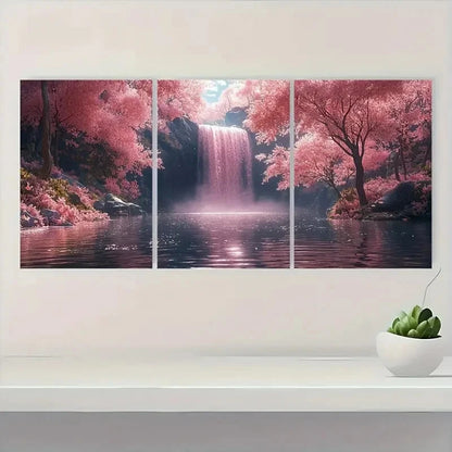 3pcs Pink Waterfall   Waterfall & Lush TY  Wall Art Set Canvas Framed 50x70cm - High Quality Print 100% Australian Made Wall Canvas Ready to Hang