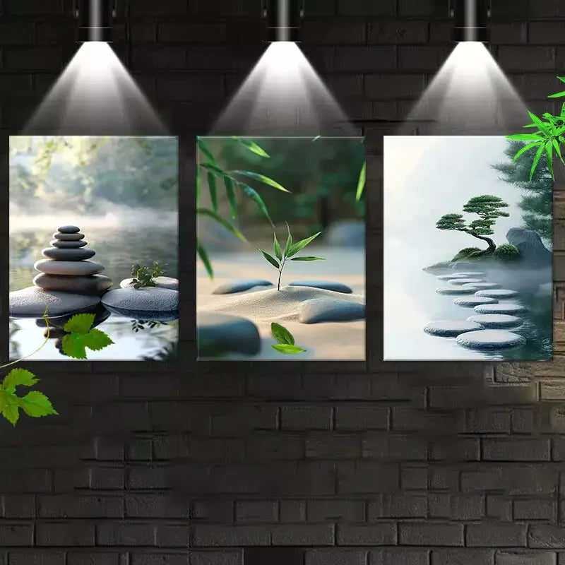 3pcs Modern Zen Style with Stones & Greenery Wall Art Set Canvas Framed 50x70cm - High Quality Print 100% Australian Made Wall Canvas Ready to Hang