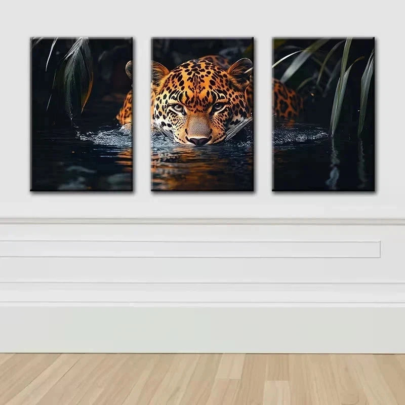 3pcs Luxurious Swimming Leopard Metal Print Ready to Hang Art