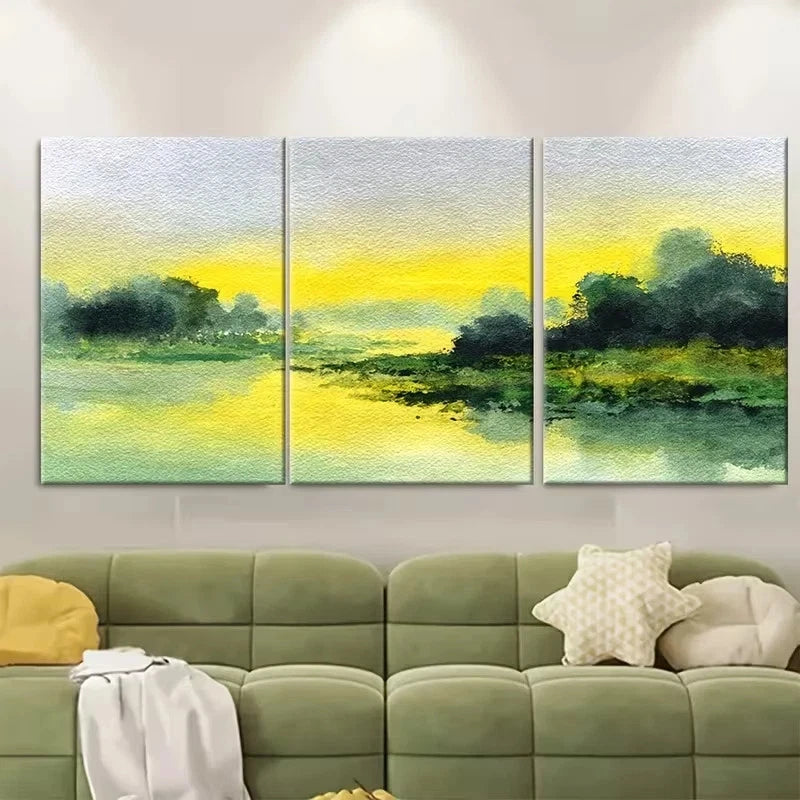 3pcs Yellow Green Landscape Abstract Wall Art Set Canvas Framed 50x70cm – High Quality Print 100% Australian Made Wall Canvas Ready to Hang