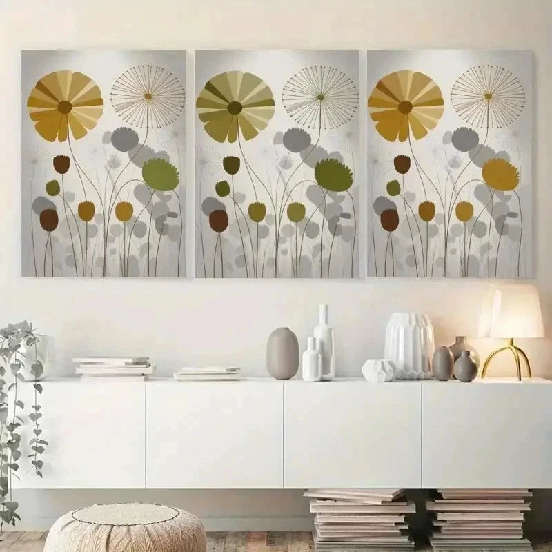 3pcs Golden Flowers, Silhouette Stem Wall Art Set Canvas Framed 60x90cm - High Quality Print 100% Australian Made Wall Canvas Ready to Hang - Bella Home Decor
