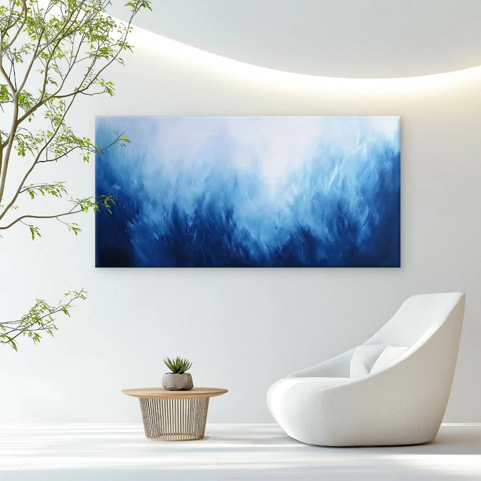 Vibrant Blue & White Abstract Wall Art Canvas Office Home Room Framed 120x60cm