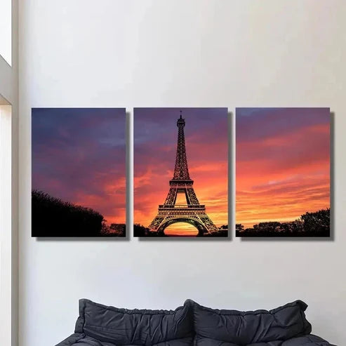 3pcs Eiffel Tower & Sunset with Evening Clouds Wall Art Set Canvas Unframed - High Quality Print 100% Australian Made Wall Canvas - Bella Home Decor