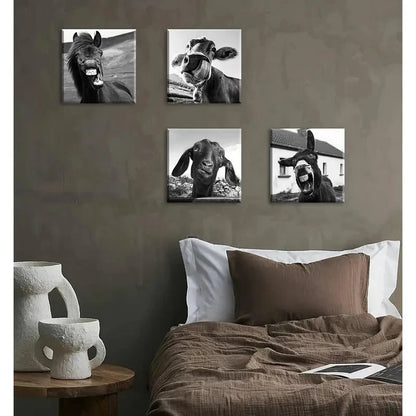 4pcs Cattle Goats Horse Donkey Sheep Funny Decor Wall Art Canvas Framed