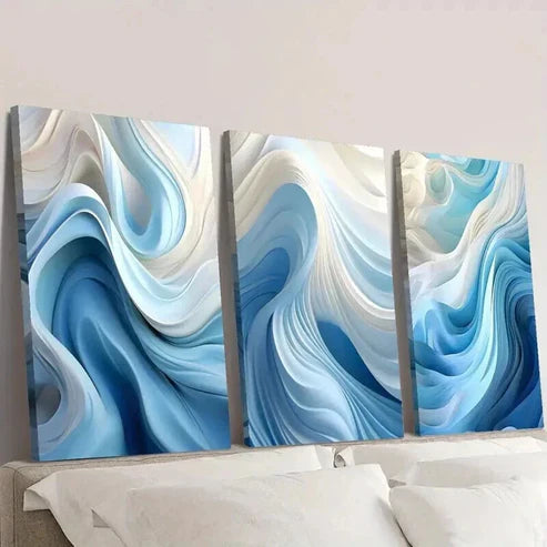 3pcs Abstract Blue and White Swirl Wave Wall Art Canvas Unframed - High Quality Print 100% Australian Made Wall Canvas - Bella Home Decor
