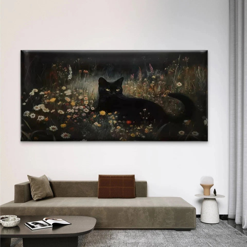 Black Cat in Dark Flower Field Wall Art Canvas Office Home Room Framed 120x60cm