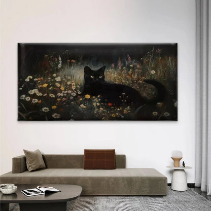 Black Cat in Dark Flower Field Wall Art Canvas Office Home Room Framed 120x60cm