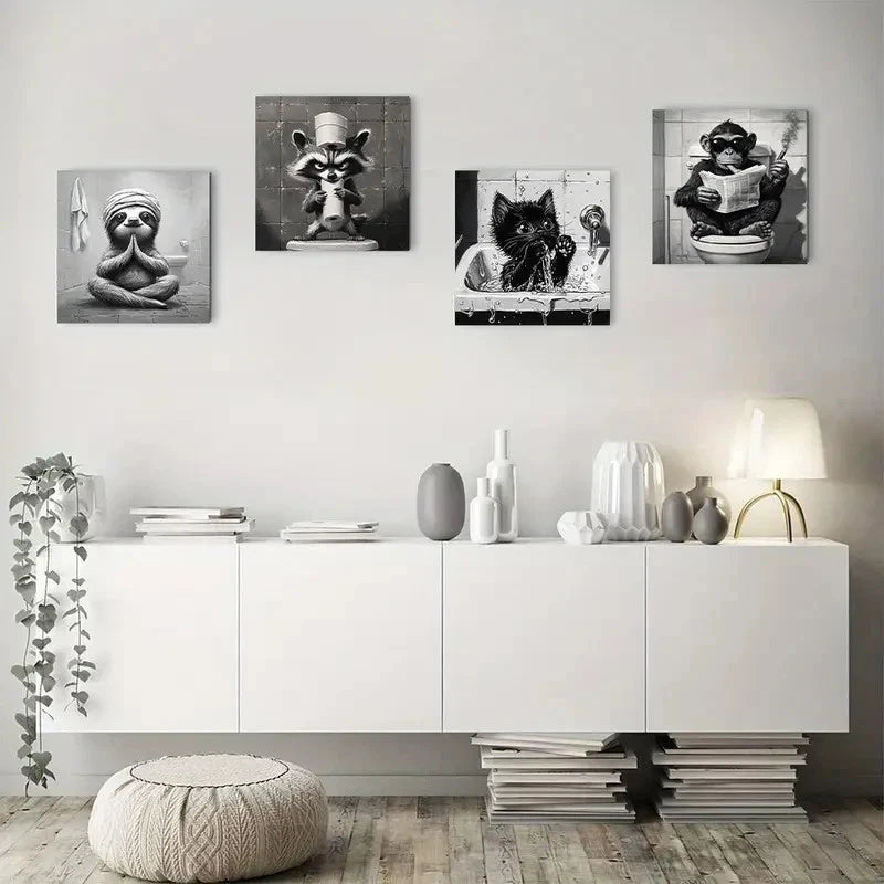4pcs Whimsical Monkey Cat Raccoon Sloth Reading Wall Art Canvas Framed