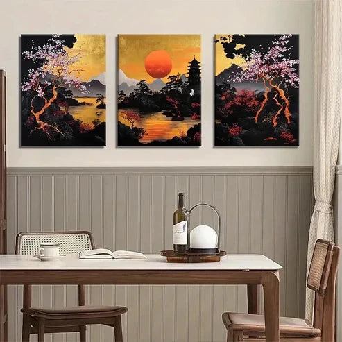 3pcs Japanese Sunset Landscape Golden Wall Art Canvas Unframed - High Quality Print 100% Australian Made Wall Canvas