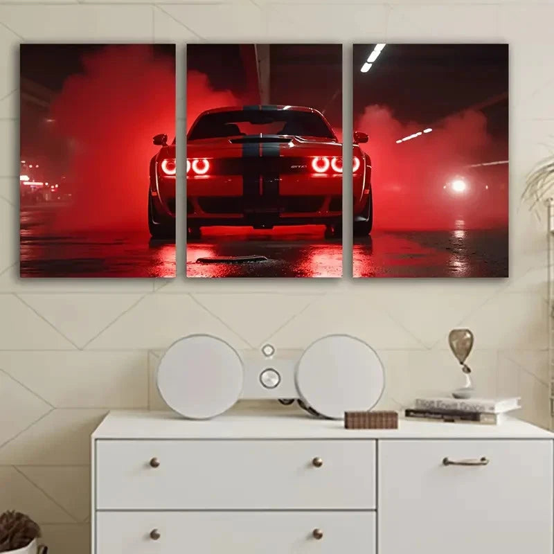 3pcs Red Sports Car Neon Glow Wall Art Set Canvas Framed 60x90cm - High Quality Print 100% Australian Made Wall Canvas Ready to Hang
