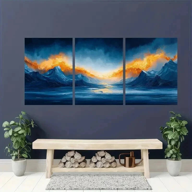 3pcs Abstract Blue & Golden Mountain Landscape Wall Art Set Canvas Framed 40x60cm - High Quality Print 100% Australian Made Wall Canvas Ready to Hang - Bella Home Decor