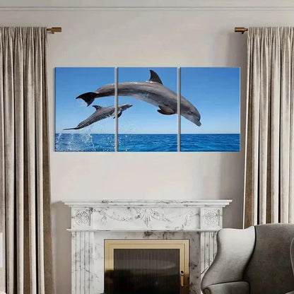 3pcs Vibrant Dolphins Leaping from the Ocean Wall Art Canvas Unframed - High Quality Print 100% Australian Made Wall Canvas