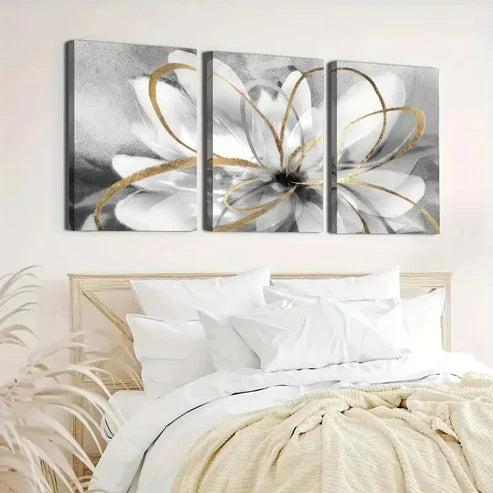 3pcs Golden Lines And White Flowers Wall Art Canvas Unframed - High Quality Print 100% Australian Made Wall Canvas