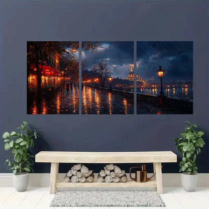 3pcs Rainy Evening Scene with Eiffel Tower Wall Art Set Canvas Framed 60x90cm - High Quality Print 100% Australian Made Wall Canvas Ready to Hang - Bella Home Decor