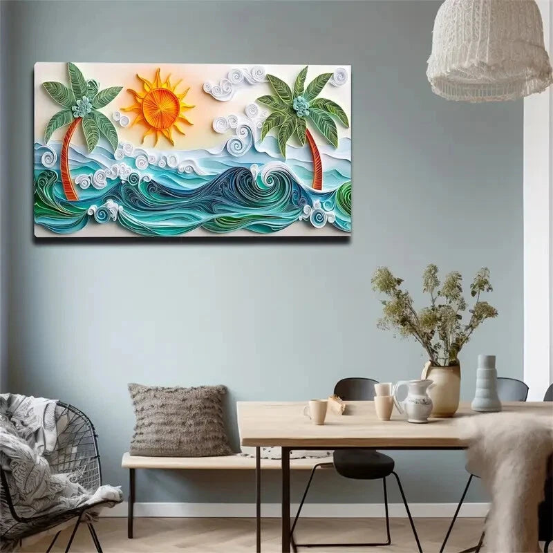 Sunset Beach Ocean Waves Scene Wall Art Canvas Office Home Room Framed 120x60cm - Bella Home Decor