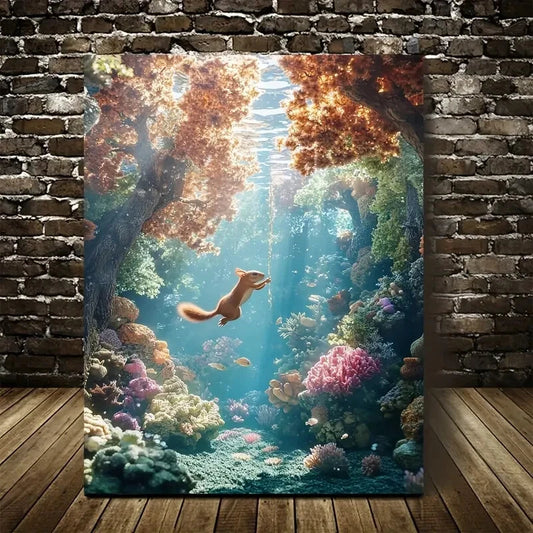 Realistic Scene Squirrel Swinging From Tree Painting 40x60cm Metal Print Ready to Hang - Bella Home Decor