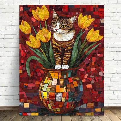Beautiful Cat In Tulips Mosaic Modern Vintage Painting 40x60cm Metal Print Ready to Hang - Bella Home Decor