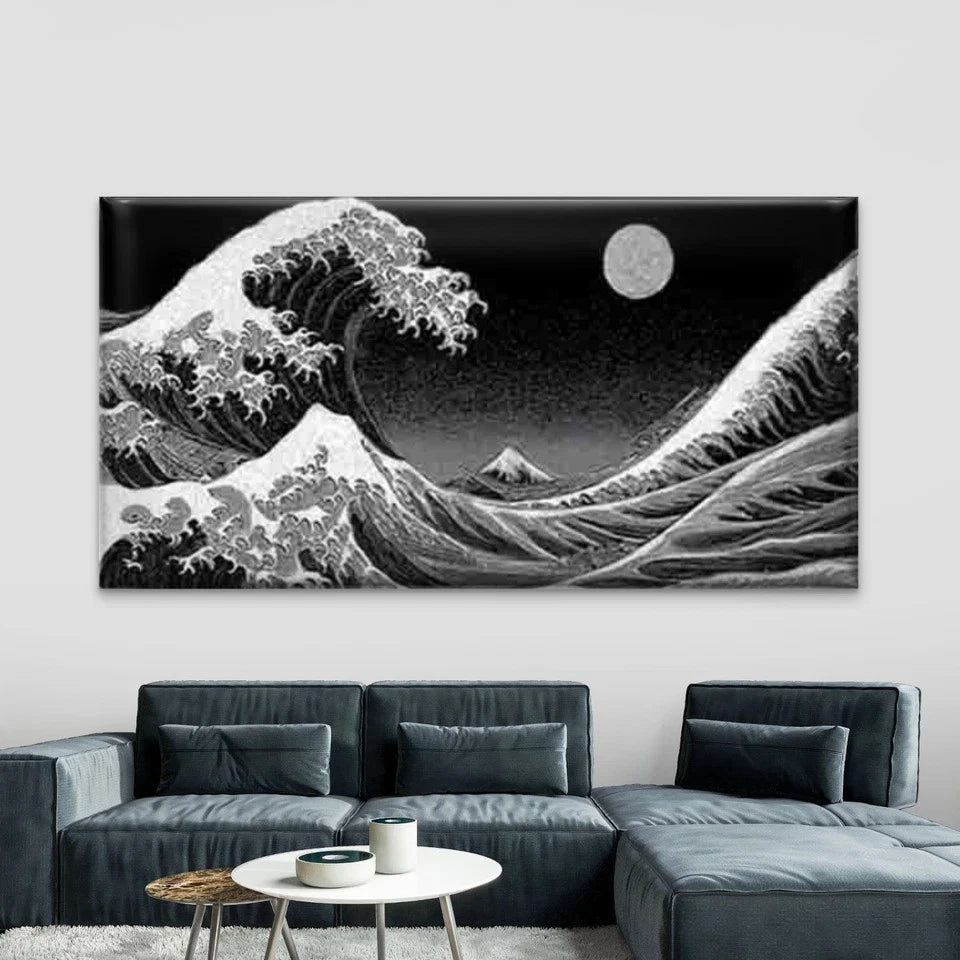 Black and White Wave Wall Art Canvas Office Home Room Framed 120x60cm