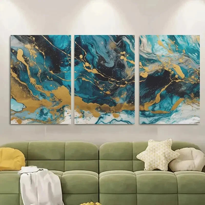 3pcs Abstract Marble Blue Golden Black Swirls Metal Print Ready to Hang Art - Bella Home Decor