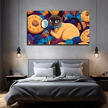 Black Cat With Magnifying Glass Wall Art Canvas Office Home Room Framed 120x60cm